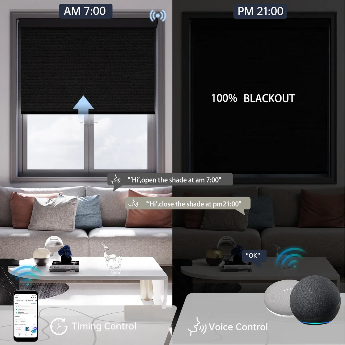 Supports timing schedules and voice commands, automating your daily shade operation.