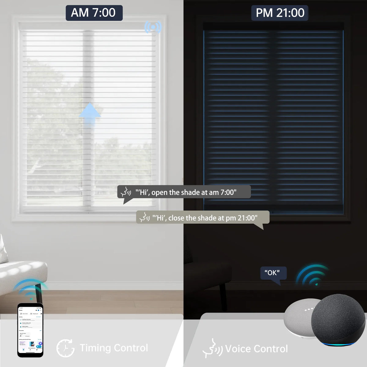 rizzle White smart sheer blinds on a daily schedule: open at 7 AM for soft natural light and close at 9 PM, all controllable by voice.