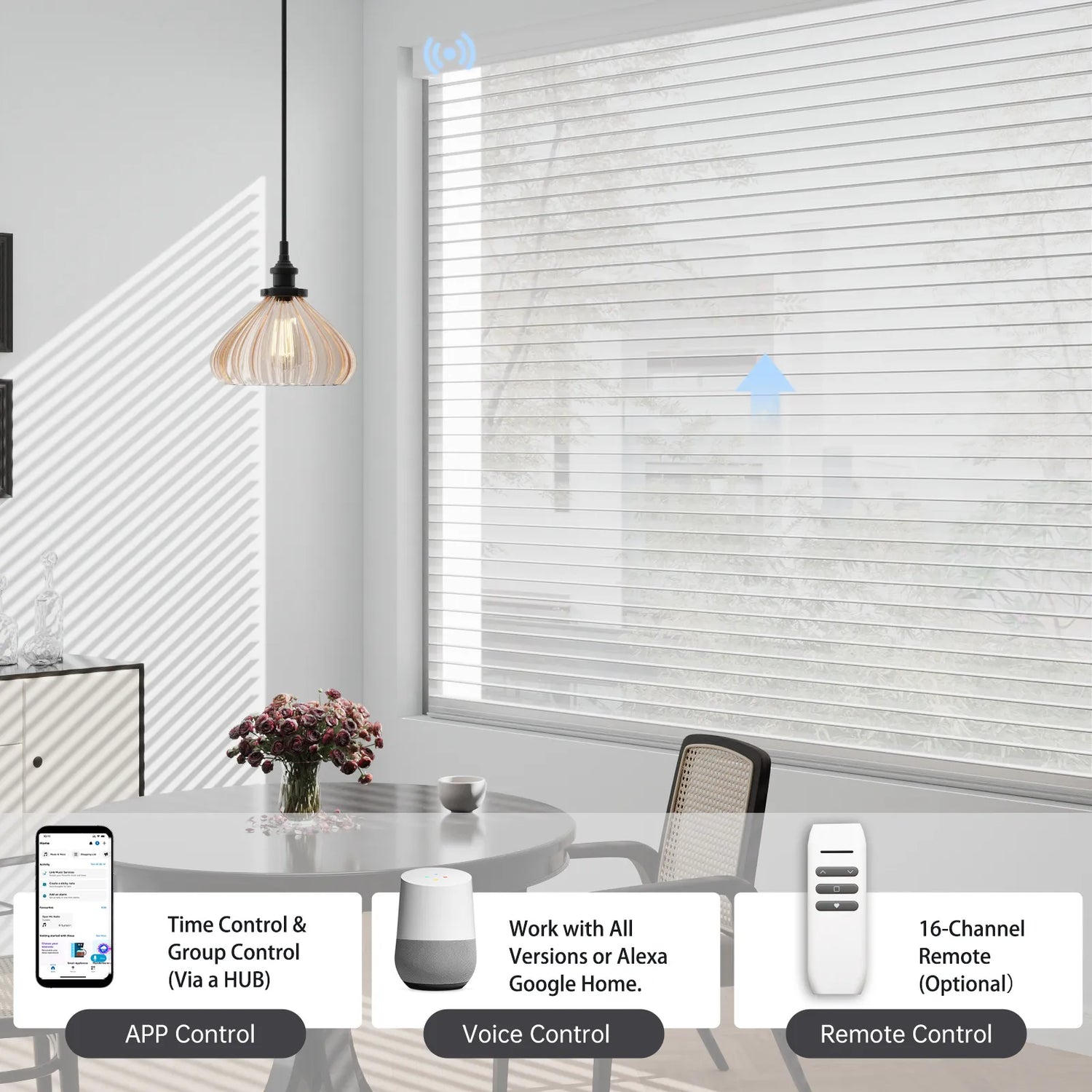Full smart control for motorized sheer blinds: use app, voice, remote, or set group timers via a hub for whole-home automation.
