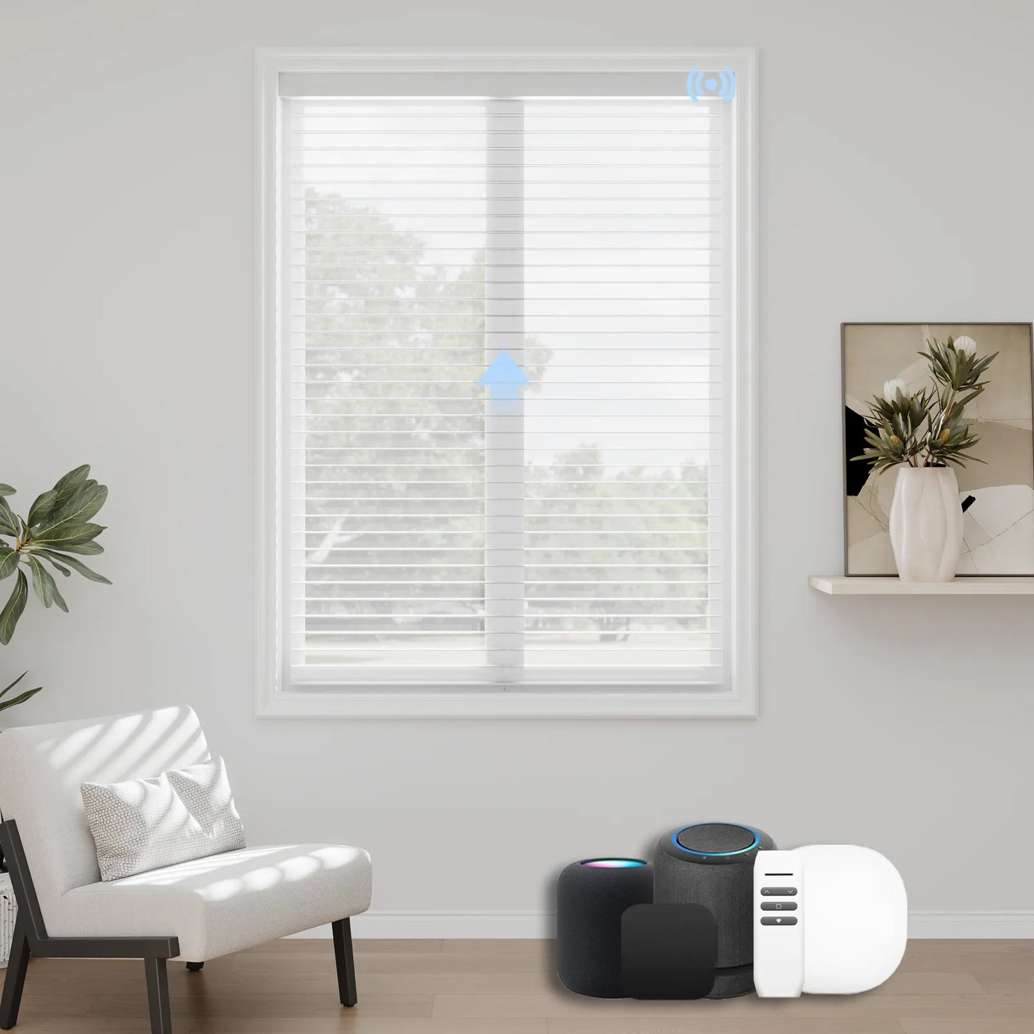 Drizzle White motorized sheer blinds that softly diffuse natural light and offer voice-controlled adjustment between sheer and privacy modes.
