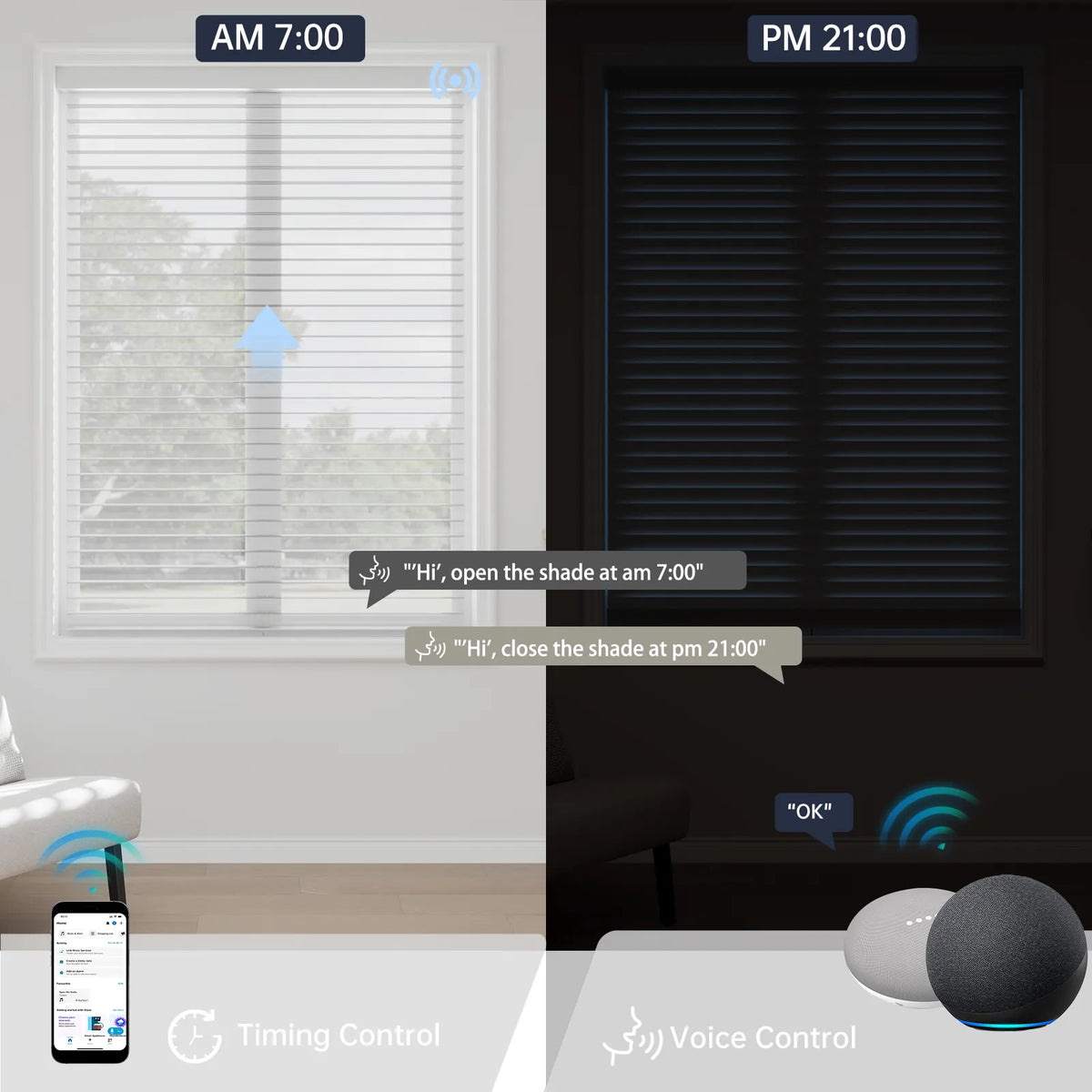 Smart motorized shade on an automated schedule: opens at 7 AM for morning light and closes at 9 PM for privacy and darkness. Voice control enabled.