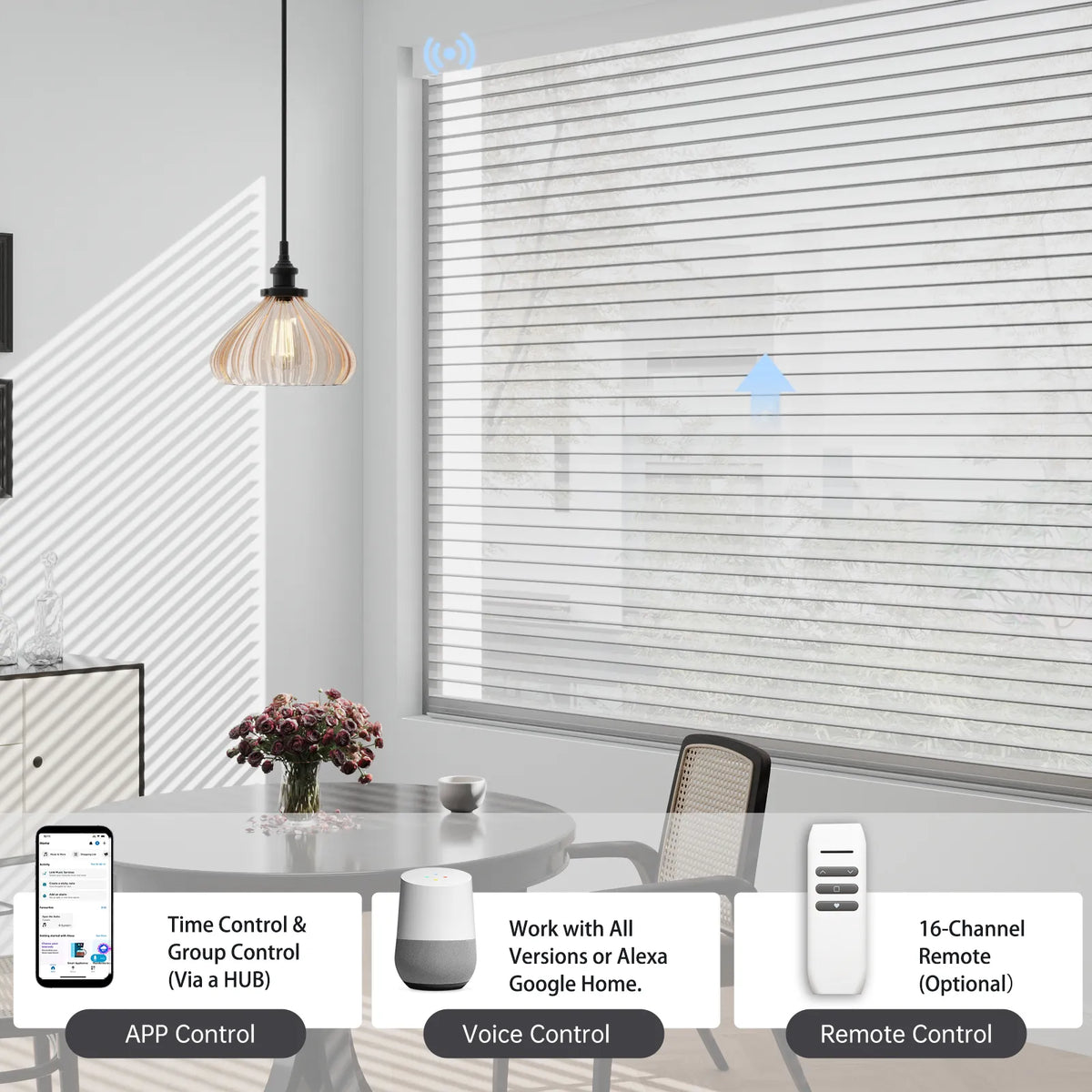 Multiple control methods for motorized shades: use the app, your voice, a remote, or set automated timers and group scenes via a hub.