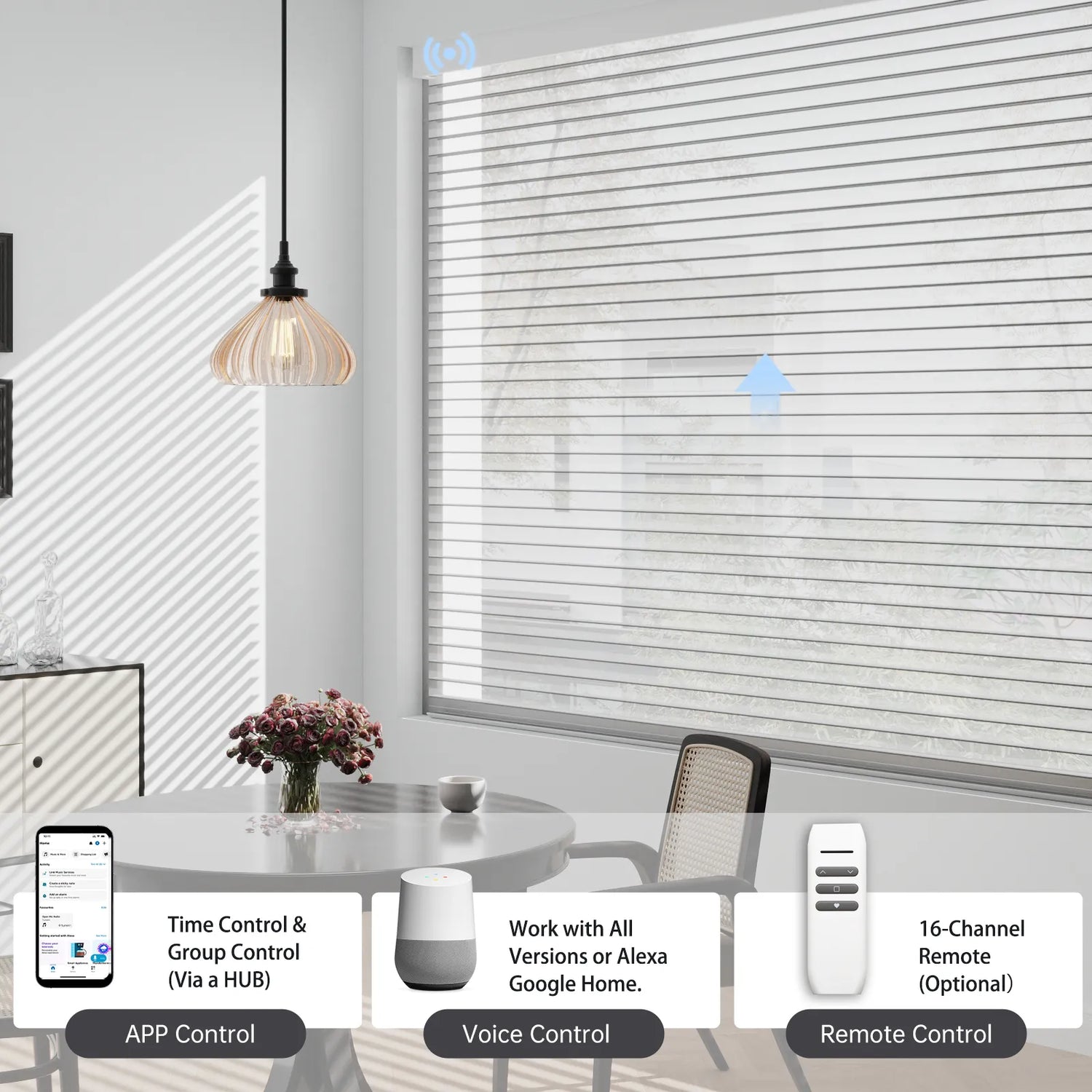 Multiple control methods for motorized shades: use the app, your voice, a remote, or set automated timers and group scenes via a hub.