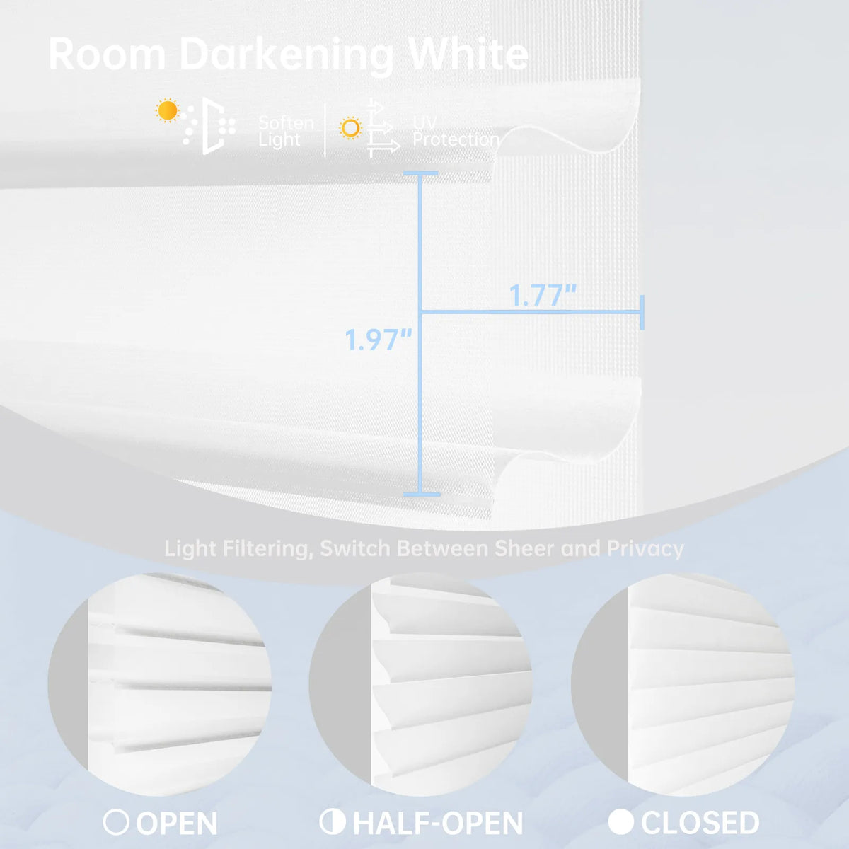 Three-in-one fabric: switch between light-filtering, half-open, and closed positions for perfect light control and room darkening privacy.
