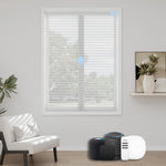Modern white motorized room darkening sheer shade with smart voice control and a clean, minimalist design for adjustable light filtering and privacy.