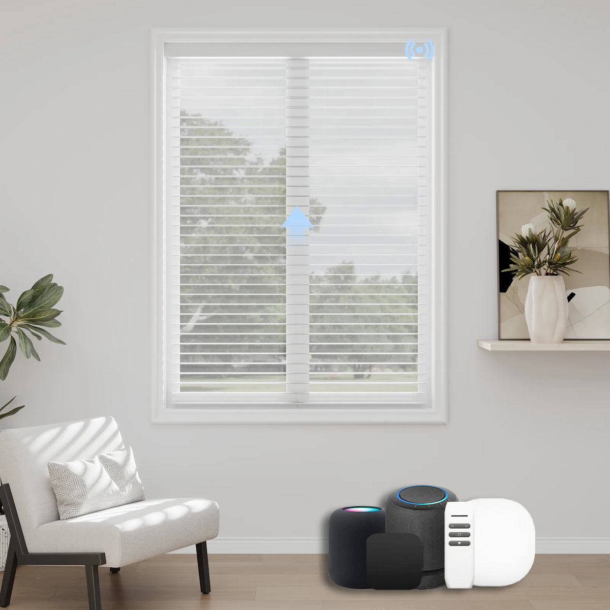 Crystal White motorized sheer blinds offering brilliant light diffusion and a crisp, clean aesthetic for brightening any room.