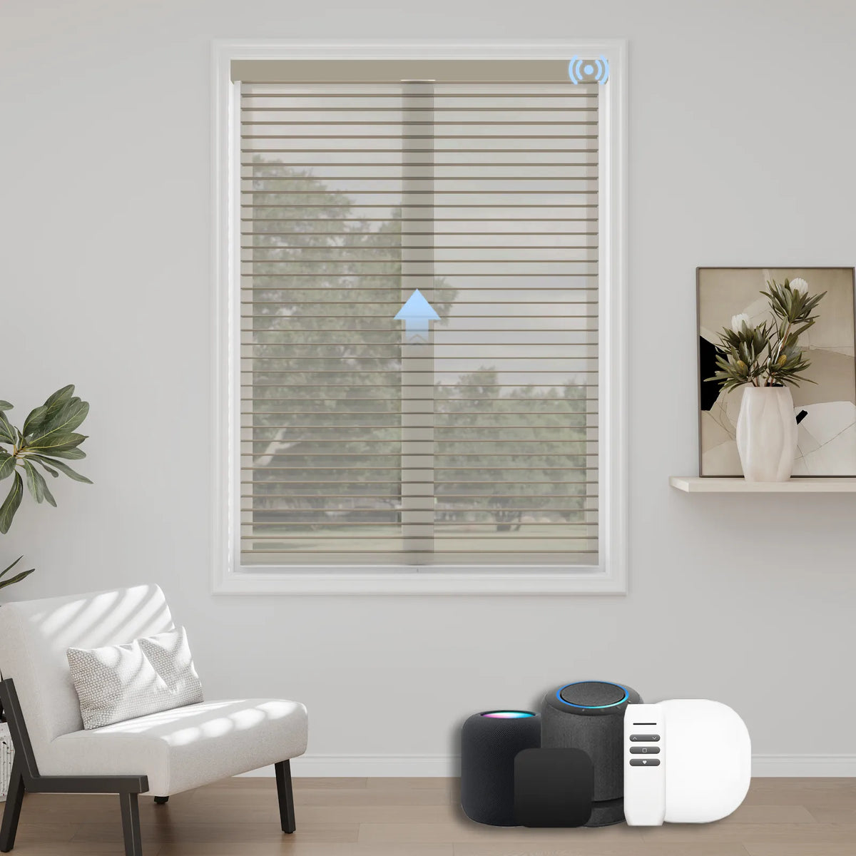 Drizzle Coffee motorized sheer blinds creating a warm, inviting atmosphere with smartly controlled soft light filtration.