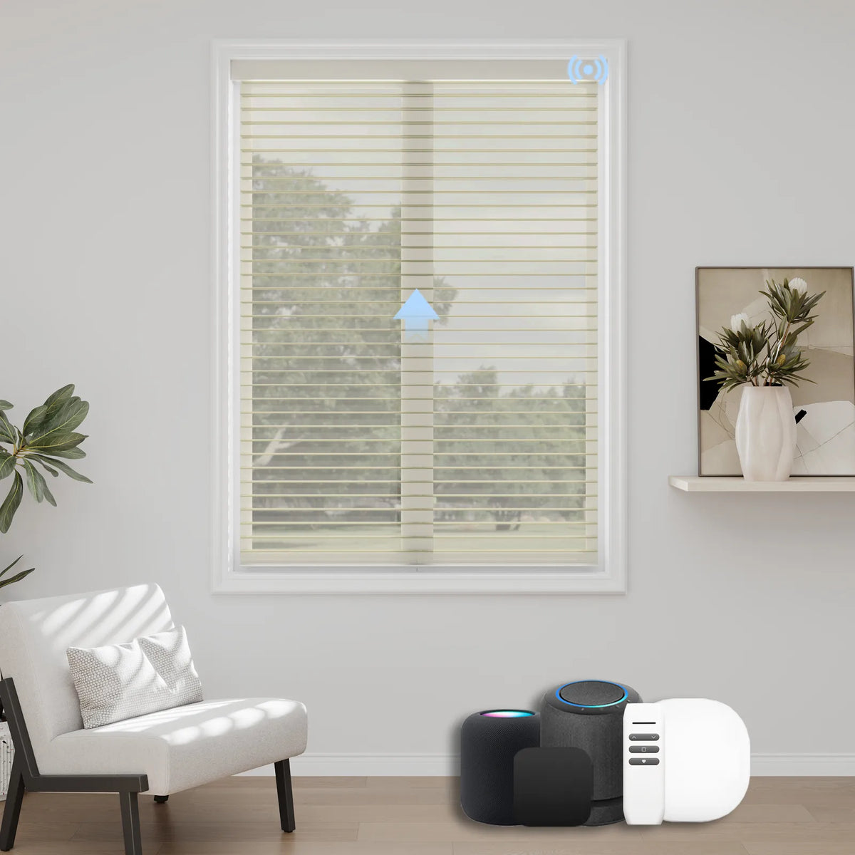 Soft Beige motorized sheer blinds delivering a subtle, warm glow and seamless smart home integration for a cozy ambiance.