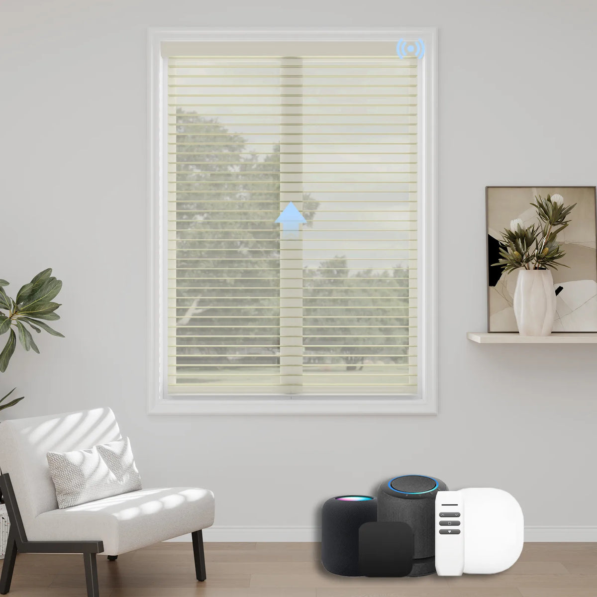Elegant beige motorized room darkening sheer shade featuring smart home integration and a neutral tone for versatile room decor.