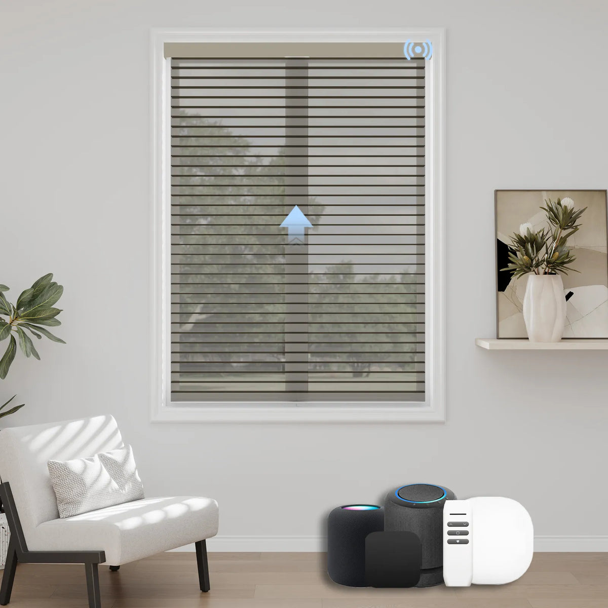 Rich coffee-brown motorized room darkening sheer shade offering enhanced light control and smart operation for a cozy
atmosphere.