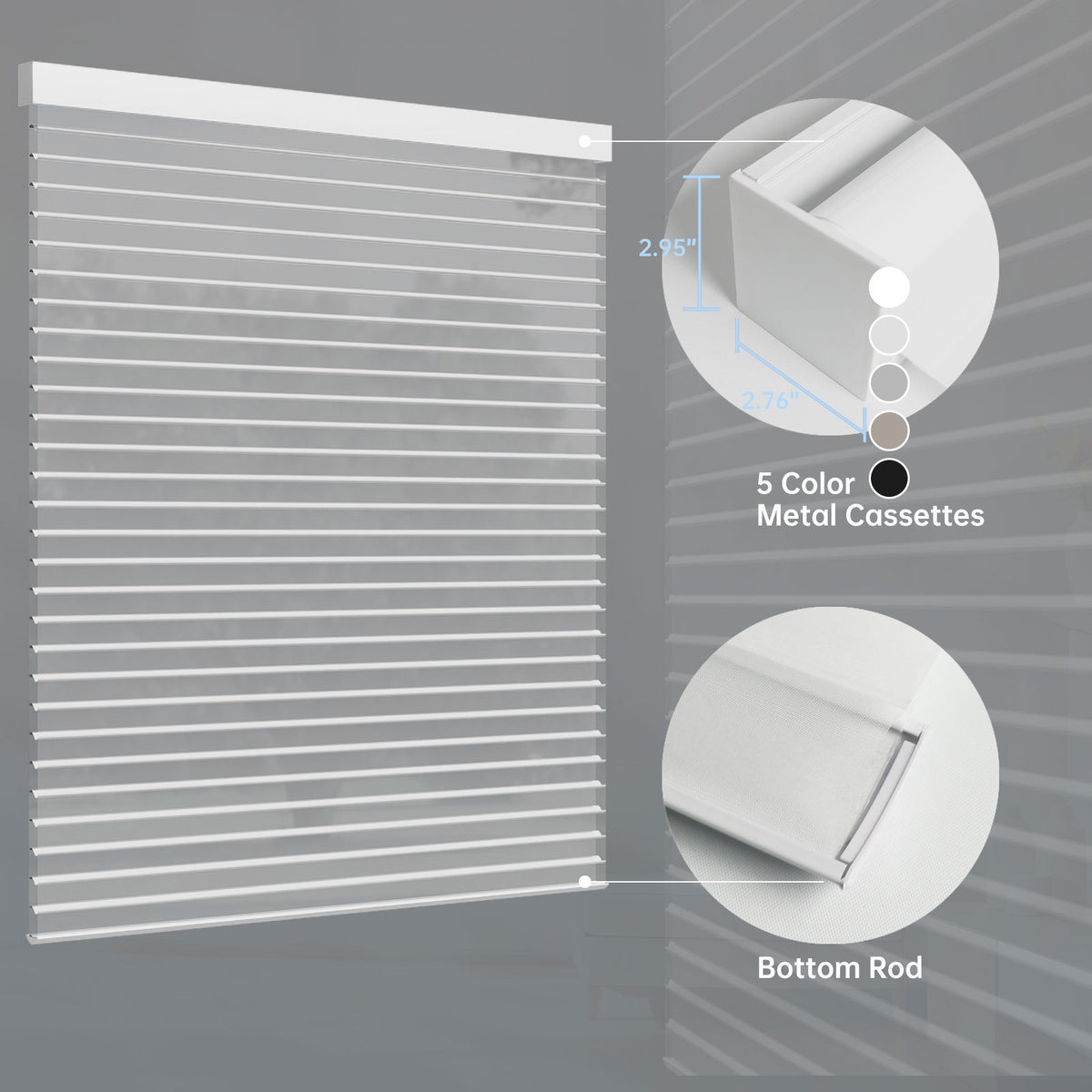 Custom motorized sheer shades in 5 colors, featuring durable metal cassettes and a weighted bottom rod for clean alignment.