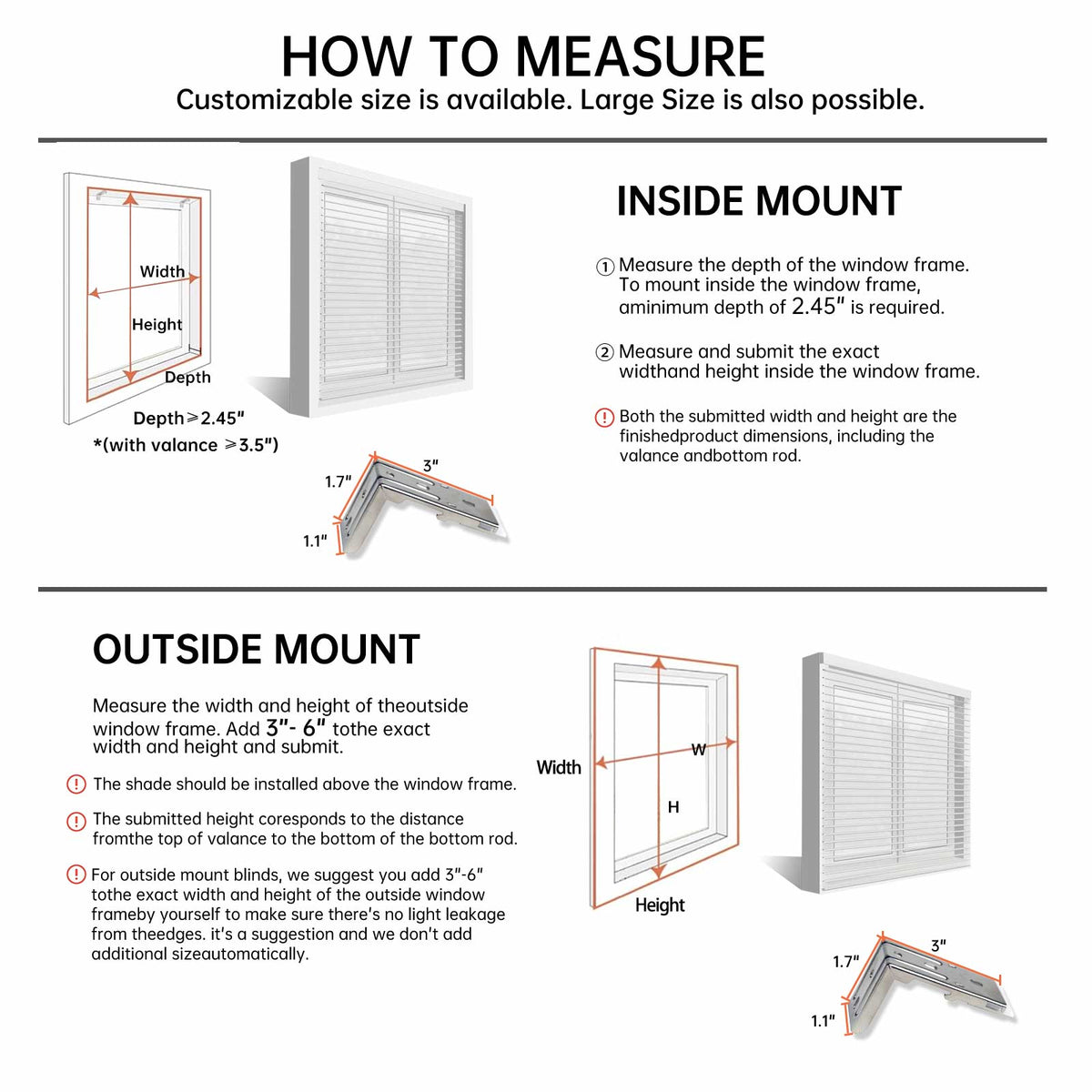 Step-by-step guide on how to measure for inside or outside mount of custom motorized sheer shades to ensure a perfect fit.