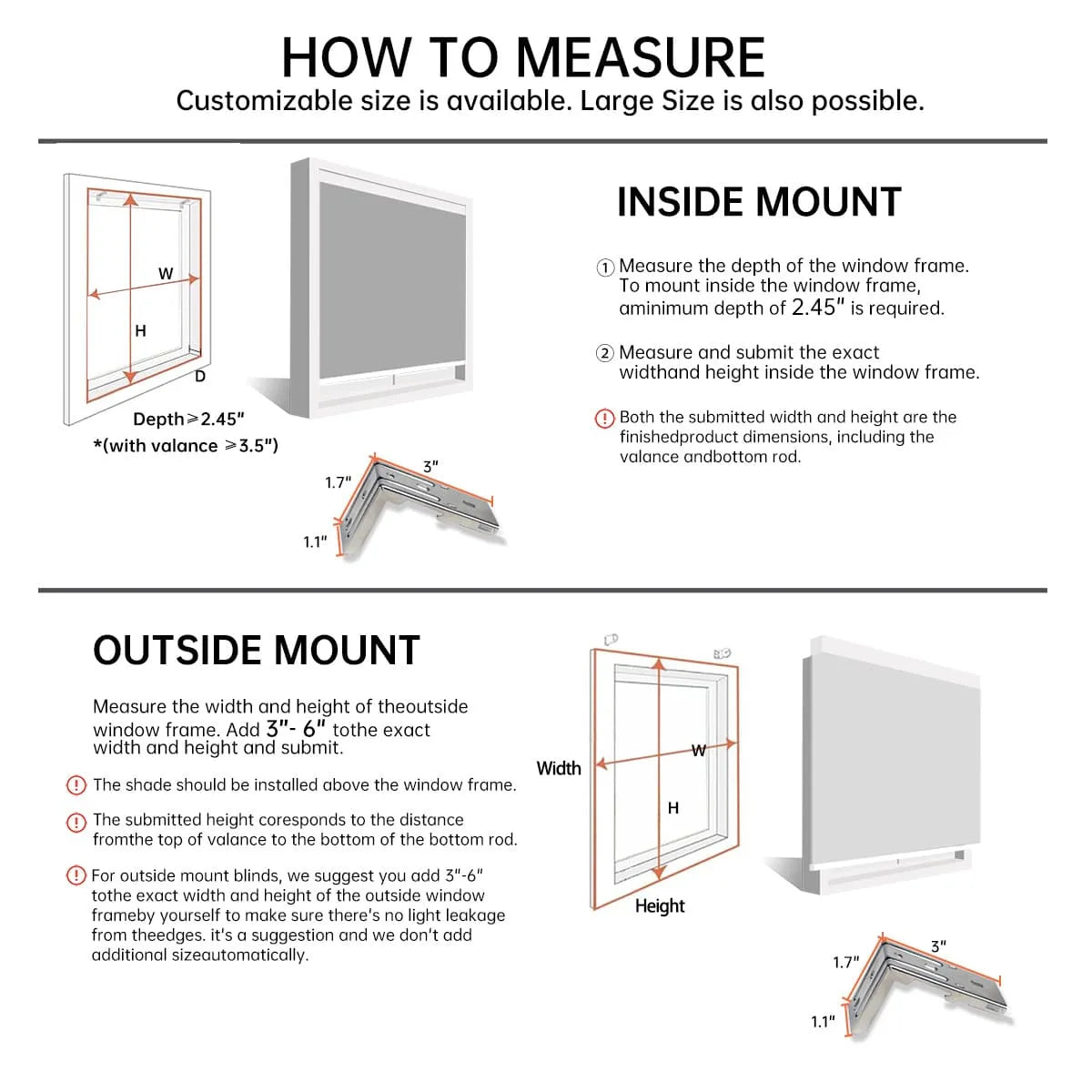 Guide for measuring window size for motorized roller shades, showing inside mount and outside mount installation options.