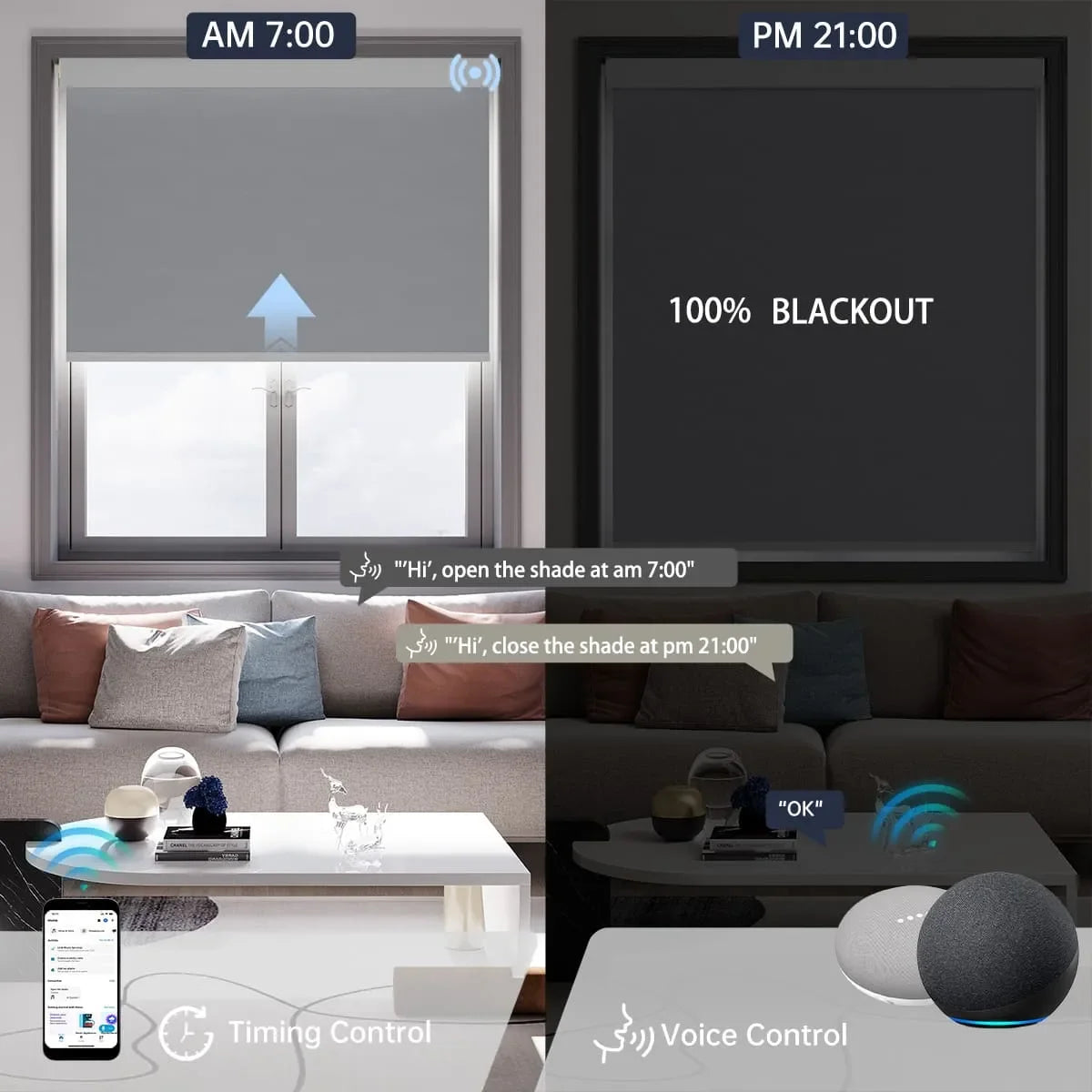 Light grey blackout shade opens and closes on your schedule, voice control makes daily routines hands-free and simple.