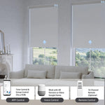 Elegant light grey blackout roller shade with app, voice, or hub remote, managing up to 16 grouped shades effortlessly.