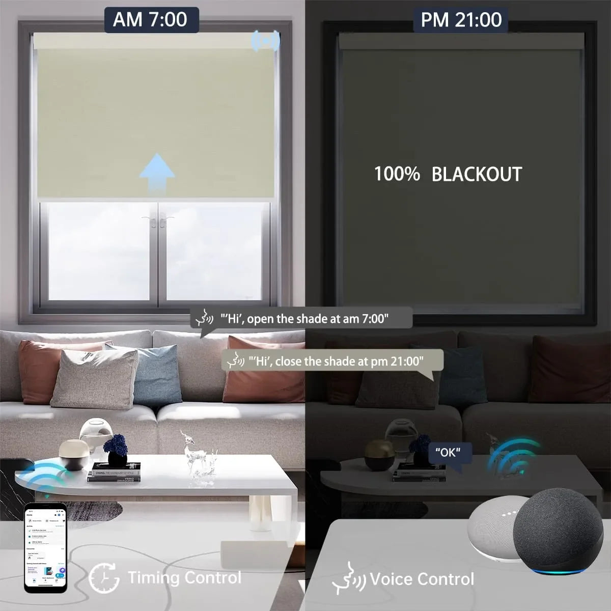 Supports scheduled timings and voice commands for convenient automated shade control.