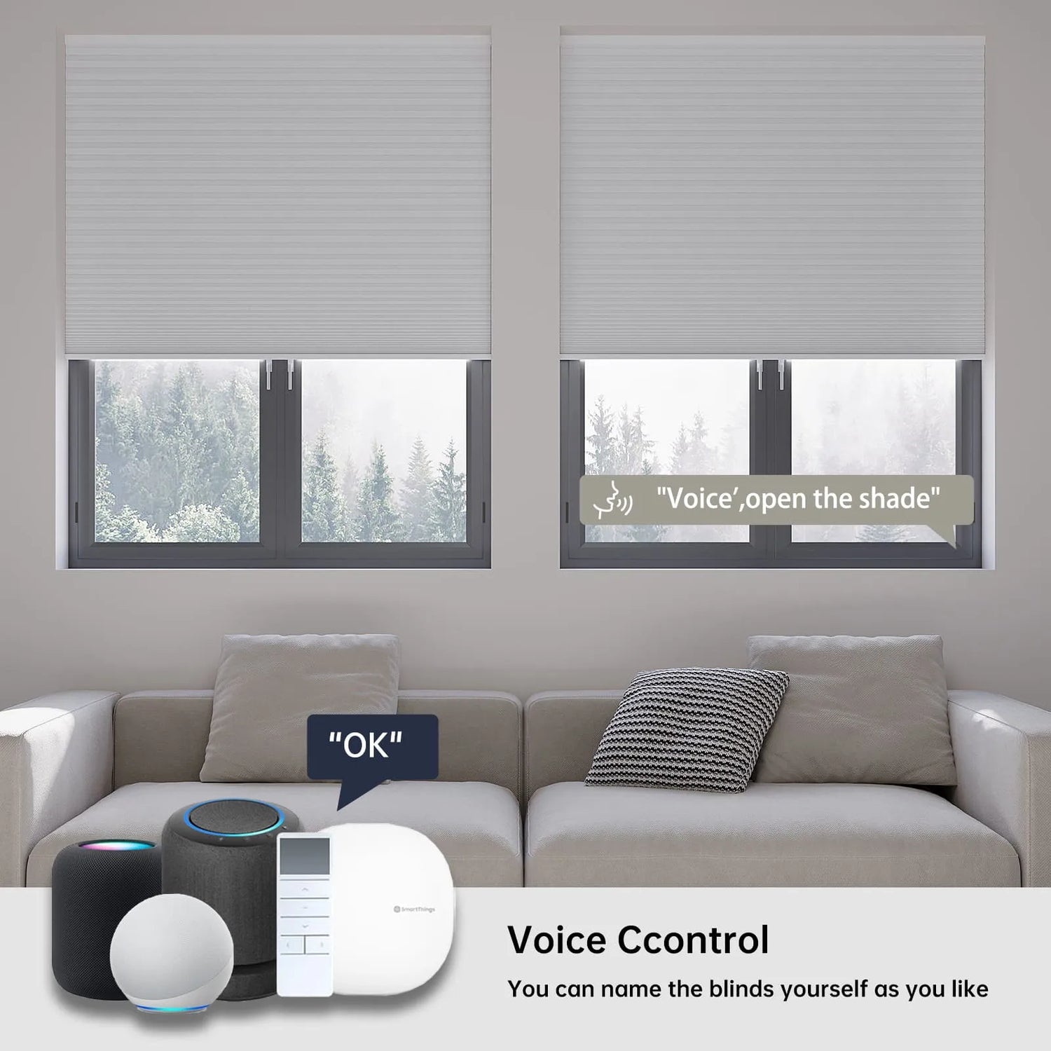 Pearl blackout honeycomb shades support simple voice commands for control.