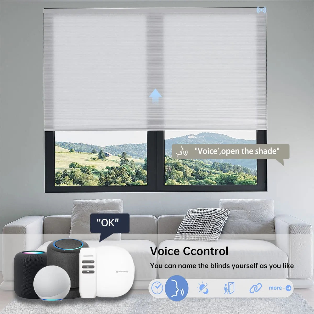 Voice-controlled white cellular shades for effortless smart living.