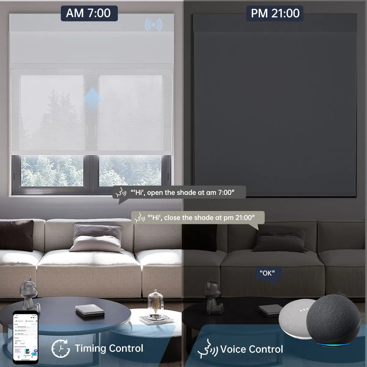 Voice control enables dual-layer roller shades to open and close on schedule, ensuring comfort and convenience