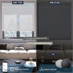 Voice control enables dual-layer roller shades to open and close on schedule, ensuring comfort and convenience