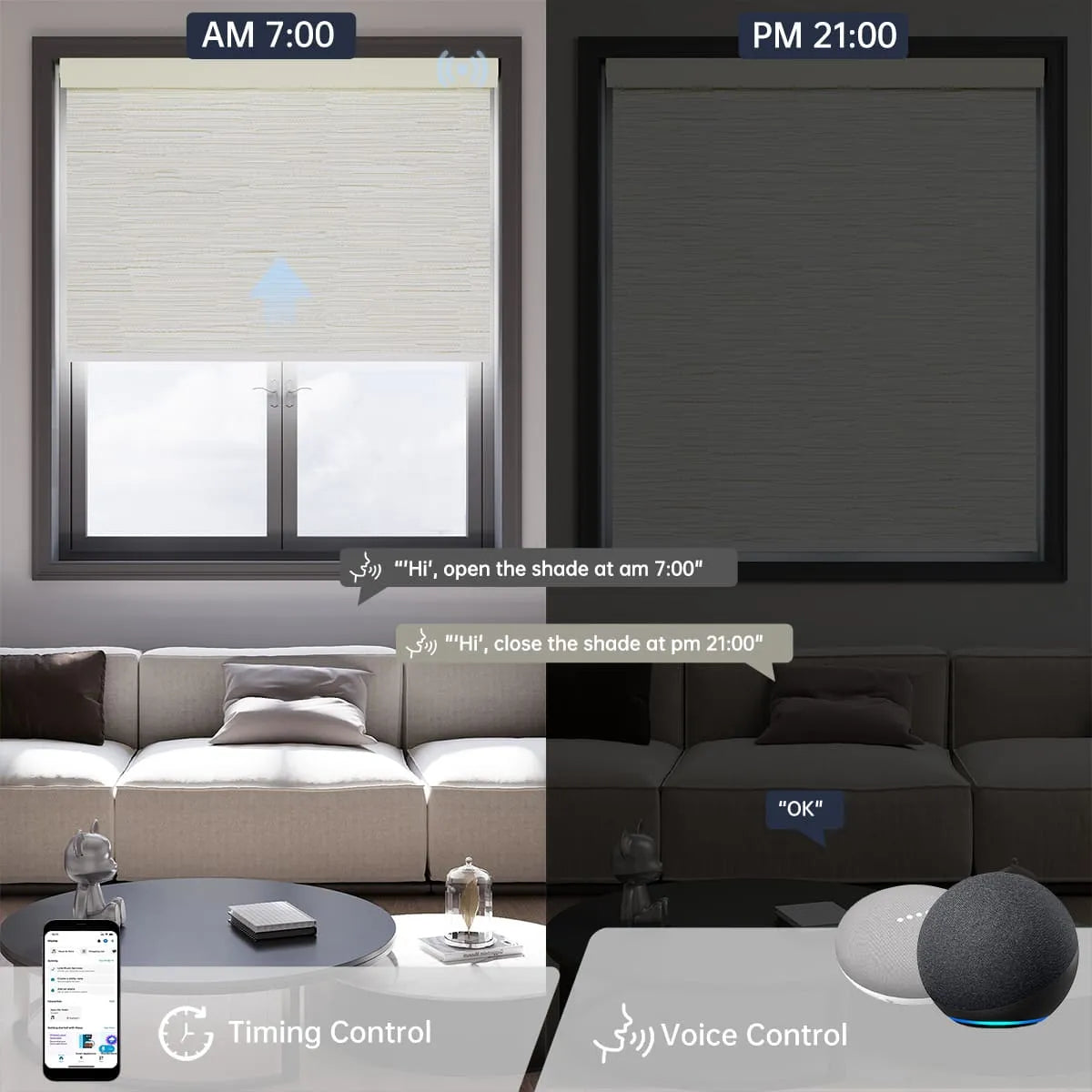 Jacquard beige motorized light filtering roller shade supports voice commands and scheduled timer for effortless daily automation.