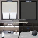 Jacquard beige motorized light filtering roller shade supports voice commands and scheduled timer for effortless daily automation.