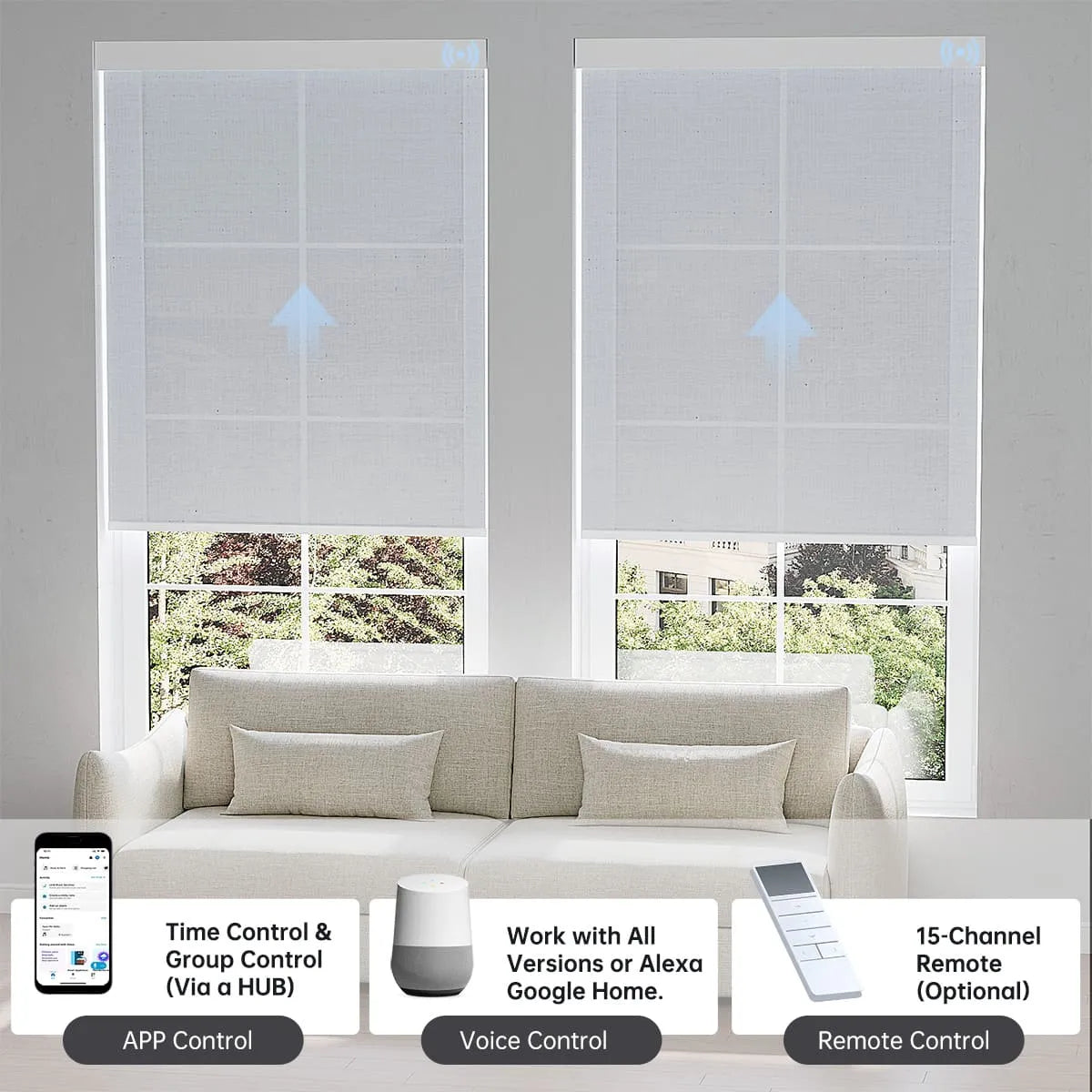 Minimalist plain white light filtering shade with app, voice, or hub remote, managing up to 16 grouped shades effortlessly.