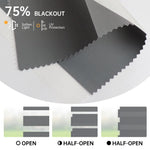 75% dark grey zebra shade in fully open, half-open, and closed states; softly filters light and blocks sun.
