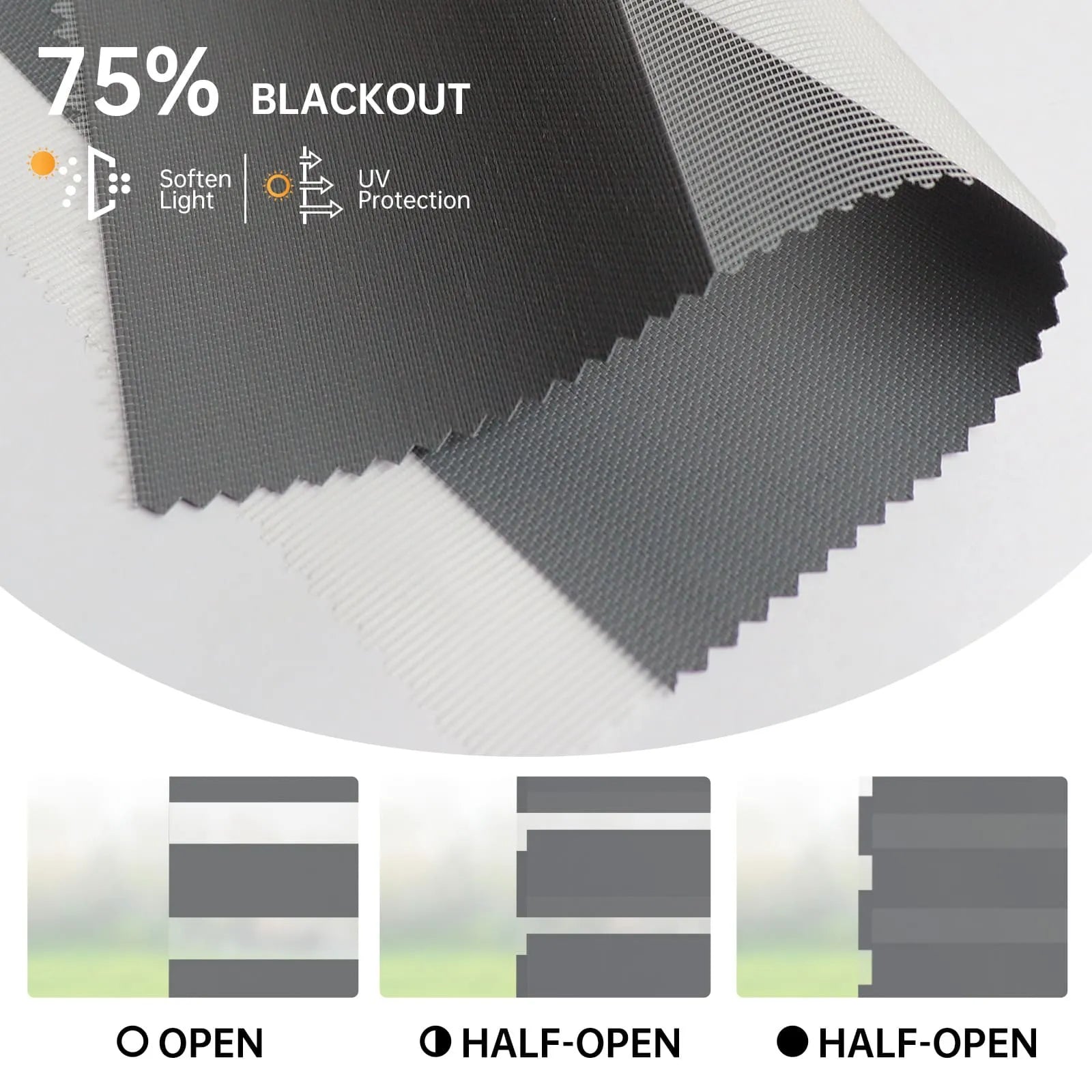 75% dark grey zebra shade in fully open, half-open, and closed states; softly filters light and blocks sun.