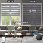 Motorized luxury grey zebra shade allows voice commands and scheduled timer for hands-free daily operation.
