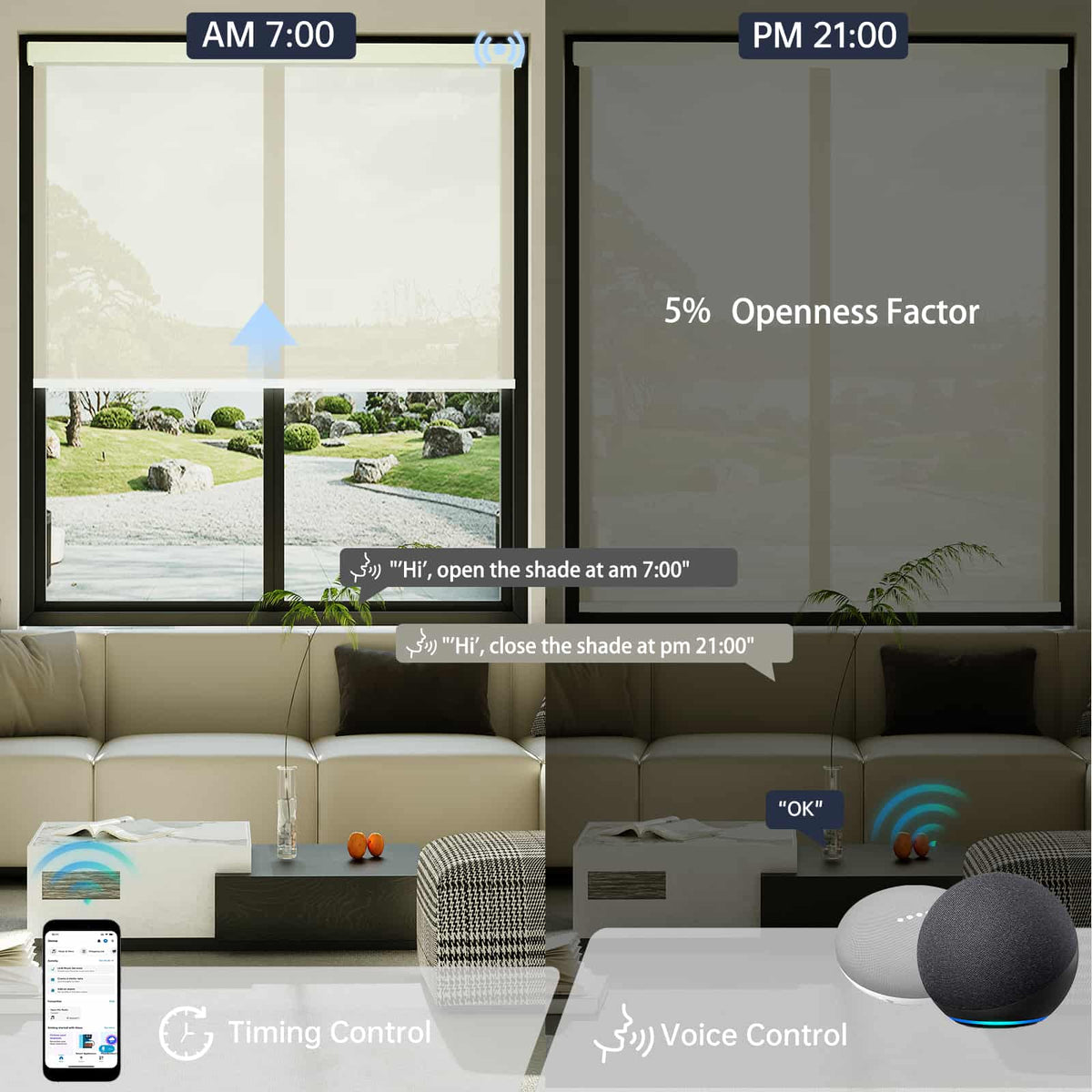 Motorized beige 5% solar shade allows timer setting and voice activation for effortless use.