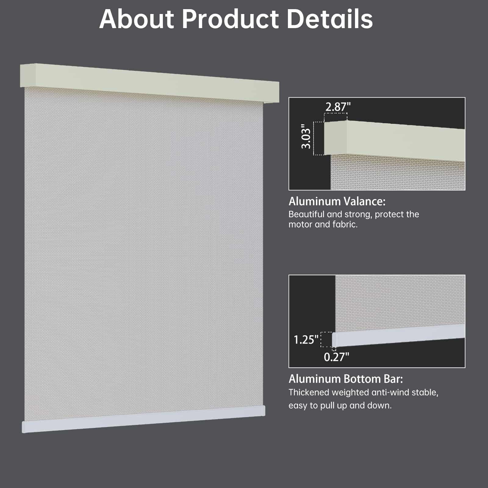 Beige 5% solar shade equipped with stylish metal valance and bottom rail for a neat look.