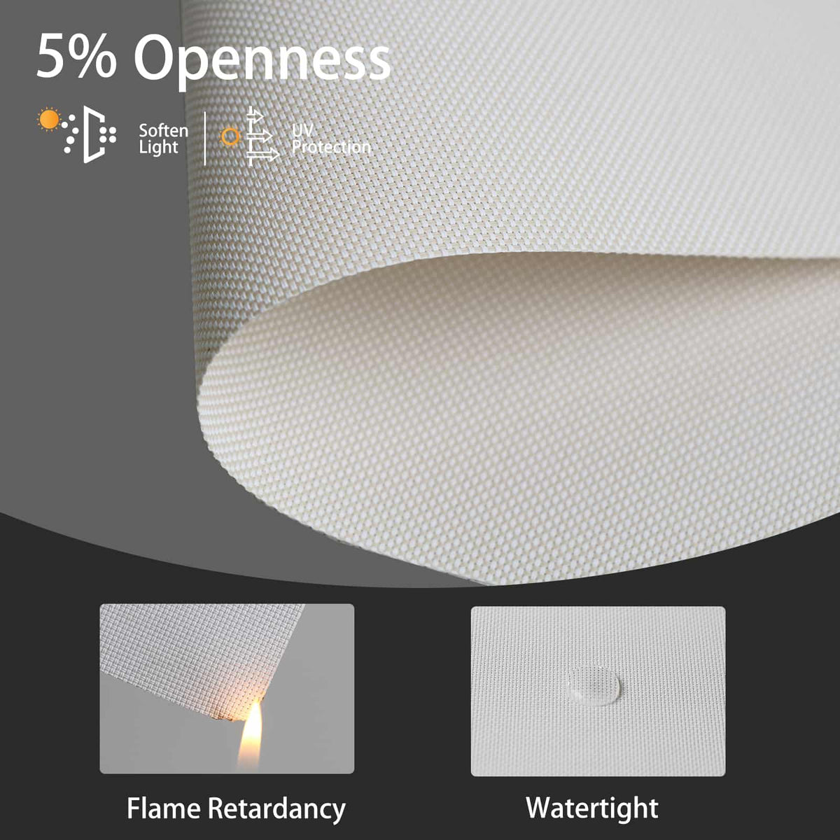 Beige solar fabric with 5% openness, fireproof and waterproof, ensuring safe everyday use.