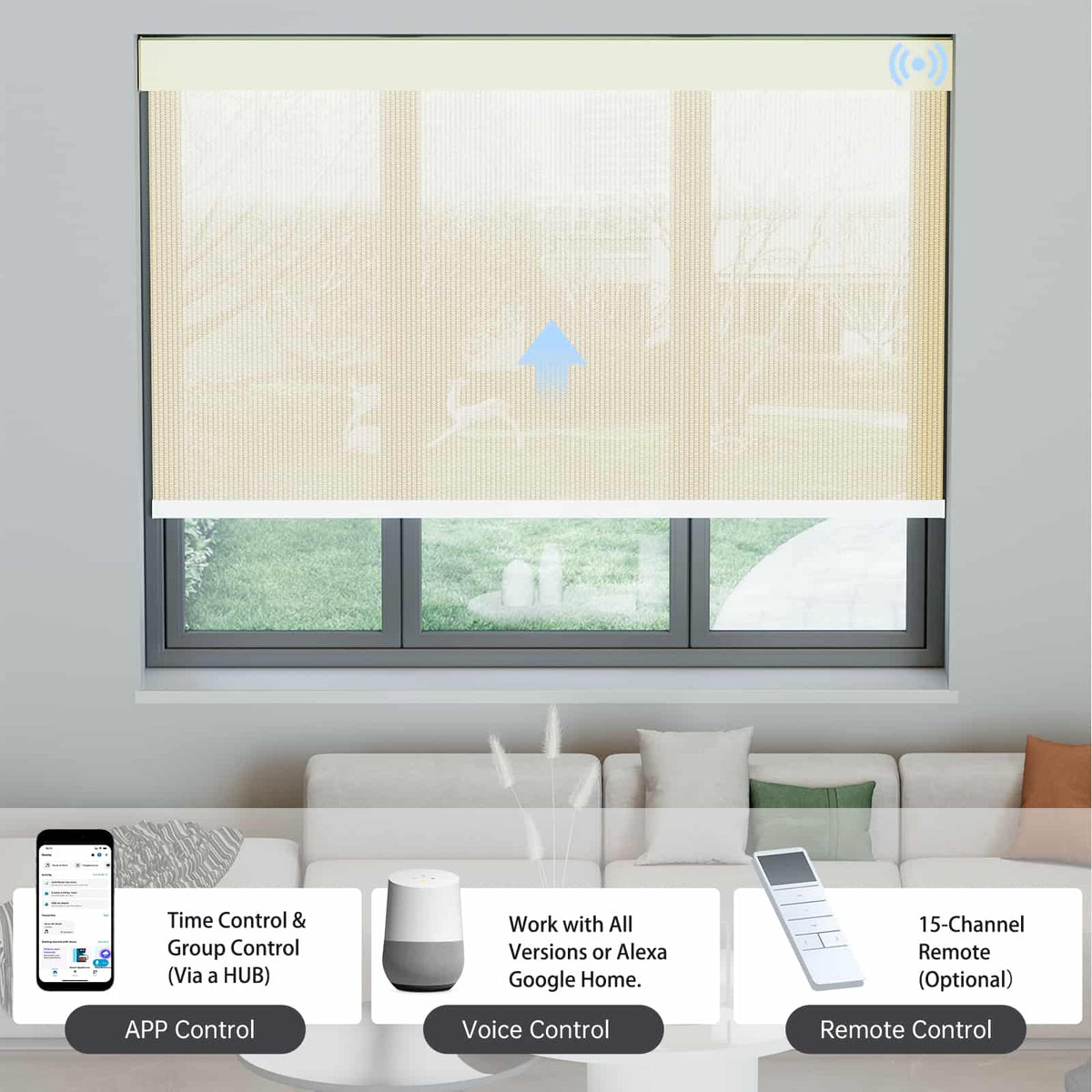 Beige 5% solar shade supports app, voice assistant, and remote operation via hub connection.