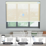 Beige 5% solar shade supports app, voice assistant, and remote operation via hub connection.