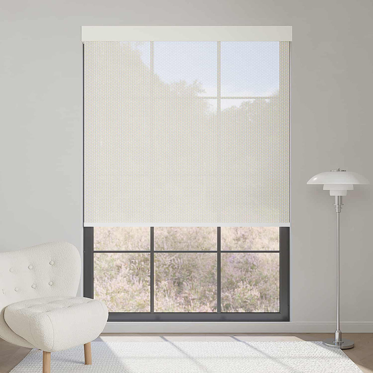 Beige 5% openness solar shade softens glare, maintains warm interiors, and enhances natural outdoor views.