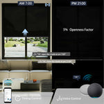 Motorized black 5% solar shade enables automated scheduling and voice-activated operation.