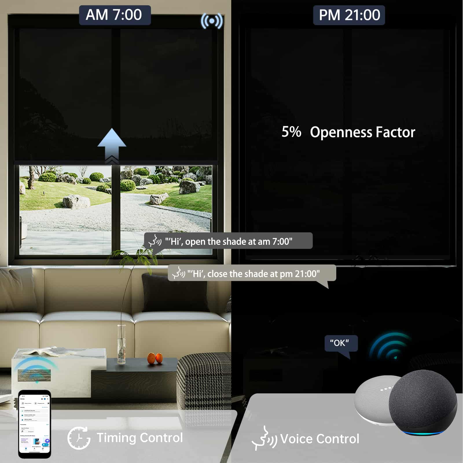 Motorized black 5% solar shade enables automated scheduling and voice-activated operation.
