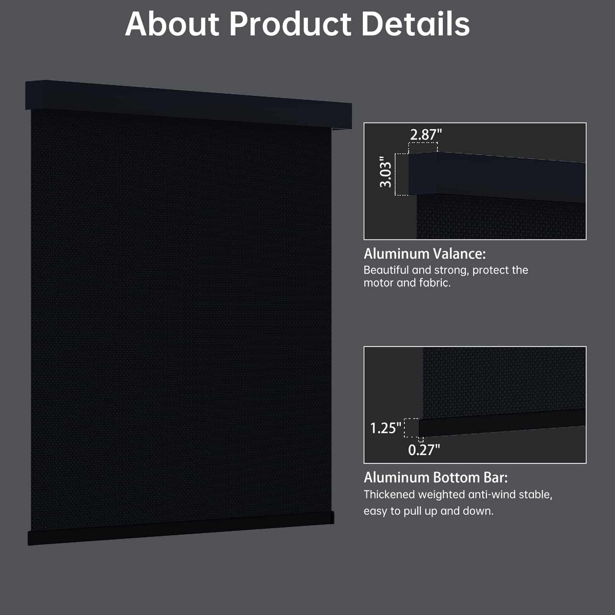Black 5% solar shade comes with slim metal valance and bottom rail for a modern minimal style.