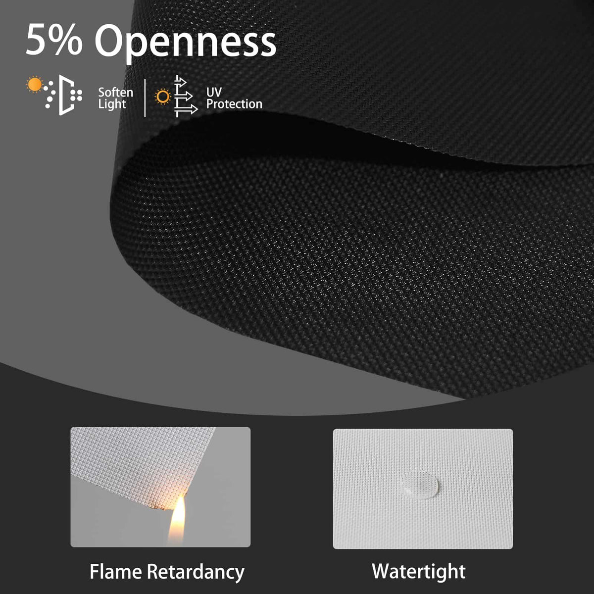 Black 5% solar shade fabric is fire-resistant and waterproof, ensuring safety and durability.