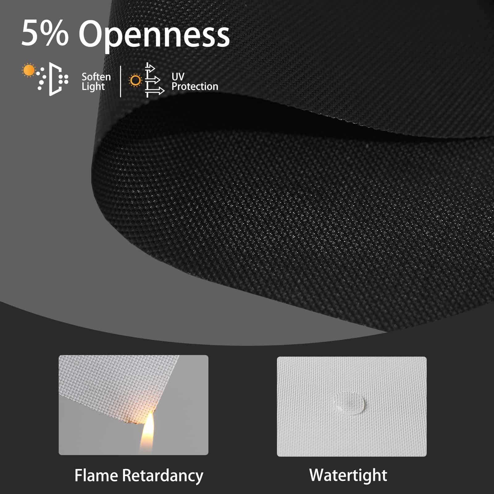 Black 5% solar shade fabric is fire-resistant and waterproof, ensuring safety and durability.