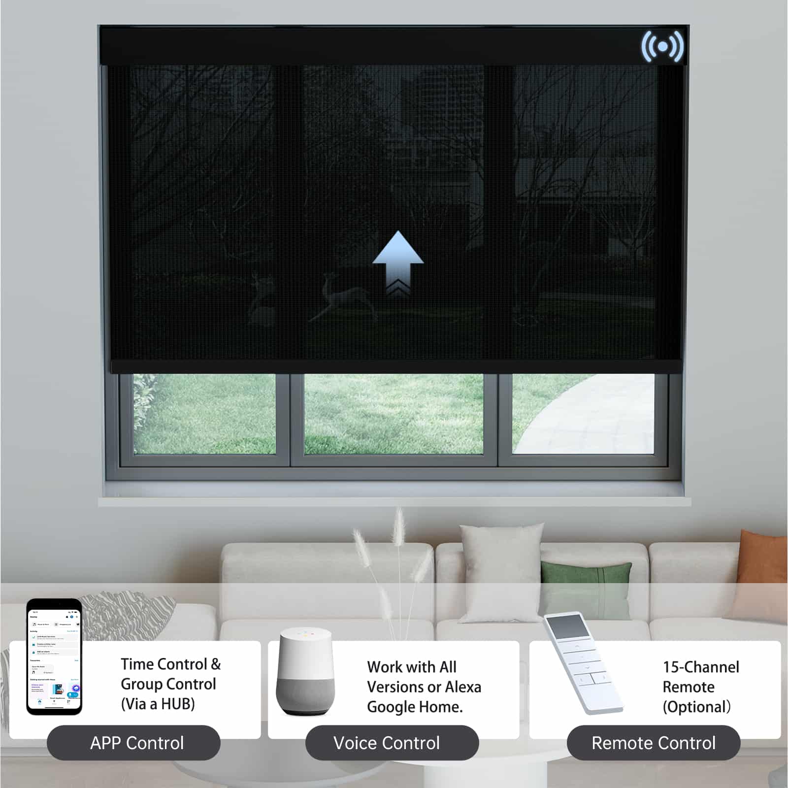 Black 5% solar shade supports app, voice, and hub remote for smart, flexible shade control.