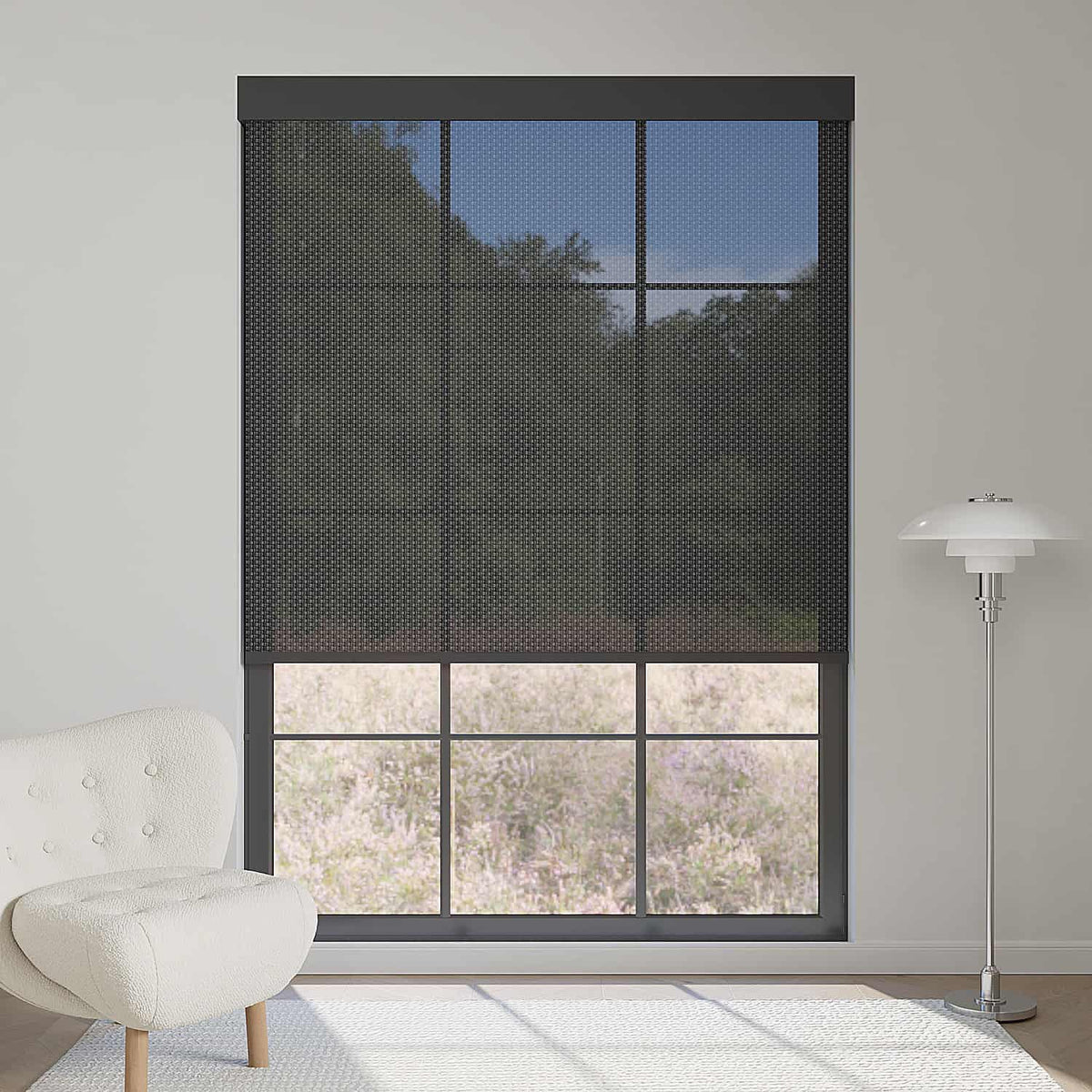Black 5% openness solar shade reduces harsh sunlight, enhances outside view, and maintains sleek interiors.