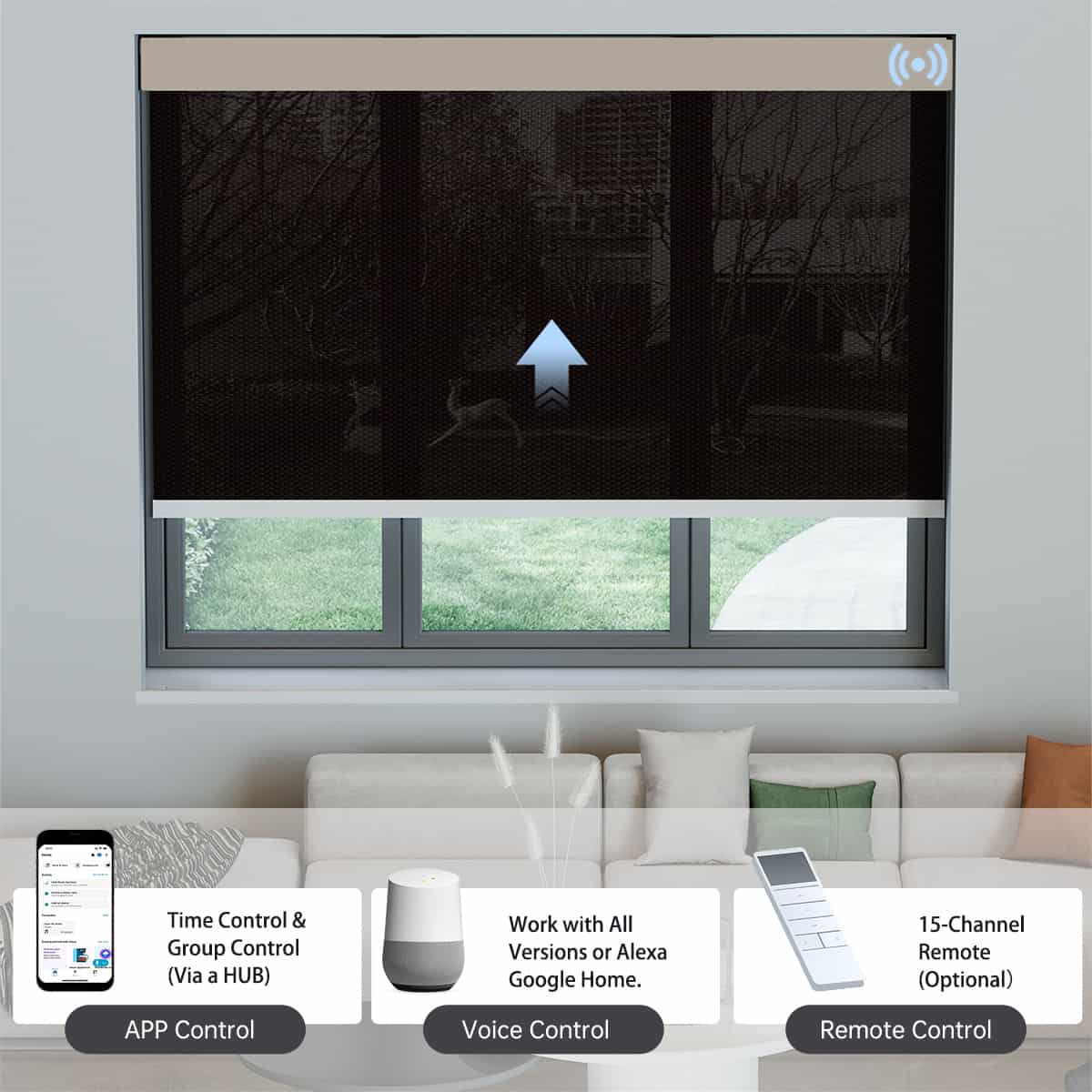 Coffee 5% solar shade controllable by app, voice assistants, or hub remote for effortless operation.
