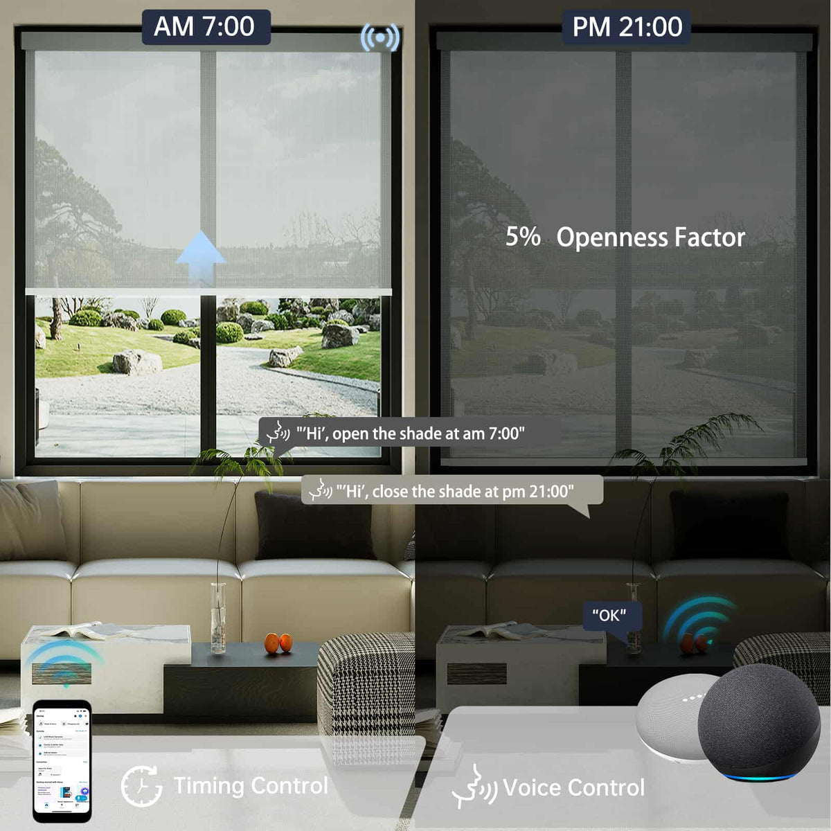 Motorized dark gray 5% solar shade supports timer automation and voice commands for daily comfort.