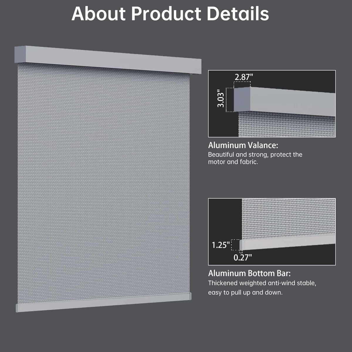 Dark gray 5% solar shade features modern metal valance and bottom rail, sleek and functional.