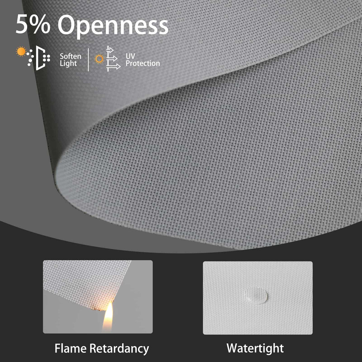 Dark gray solar fabric with 5% openness, flame-retardant and waterproof, reliable for long-term use.