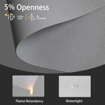 Dark gray solar fabric with 5% openness, flame-retardant and waterproof, reliable for long-term use.