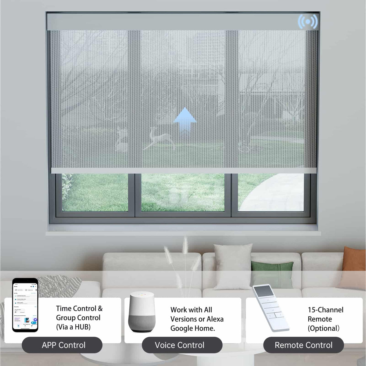 Dark gray 5% solar shade controllable via app, voice assistants, or hub remote for full convenience.