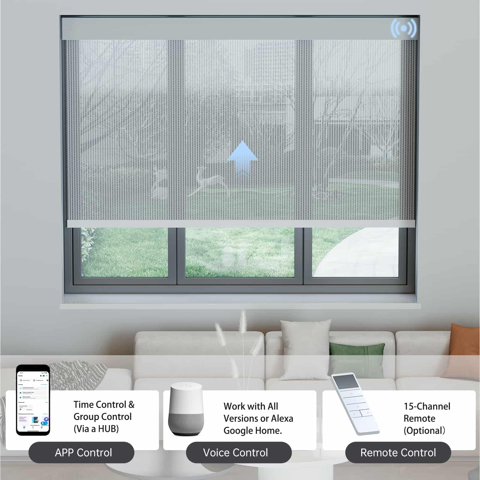 Dark gray 5% solar shade controllable via app, voice assistants, or hub remote for full convenience.